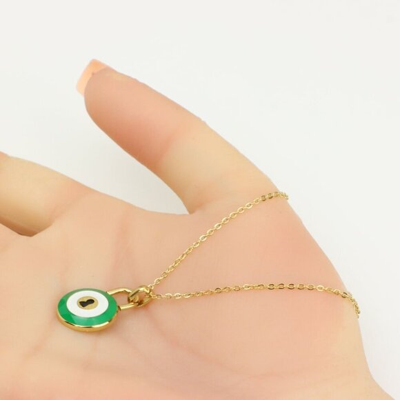 Gold Plated Green Evil Eye Pendant Necklace, XPNL0306 - Picture 6 of 13